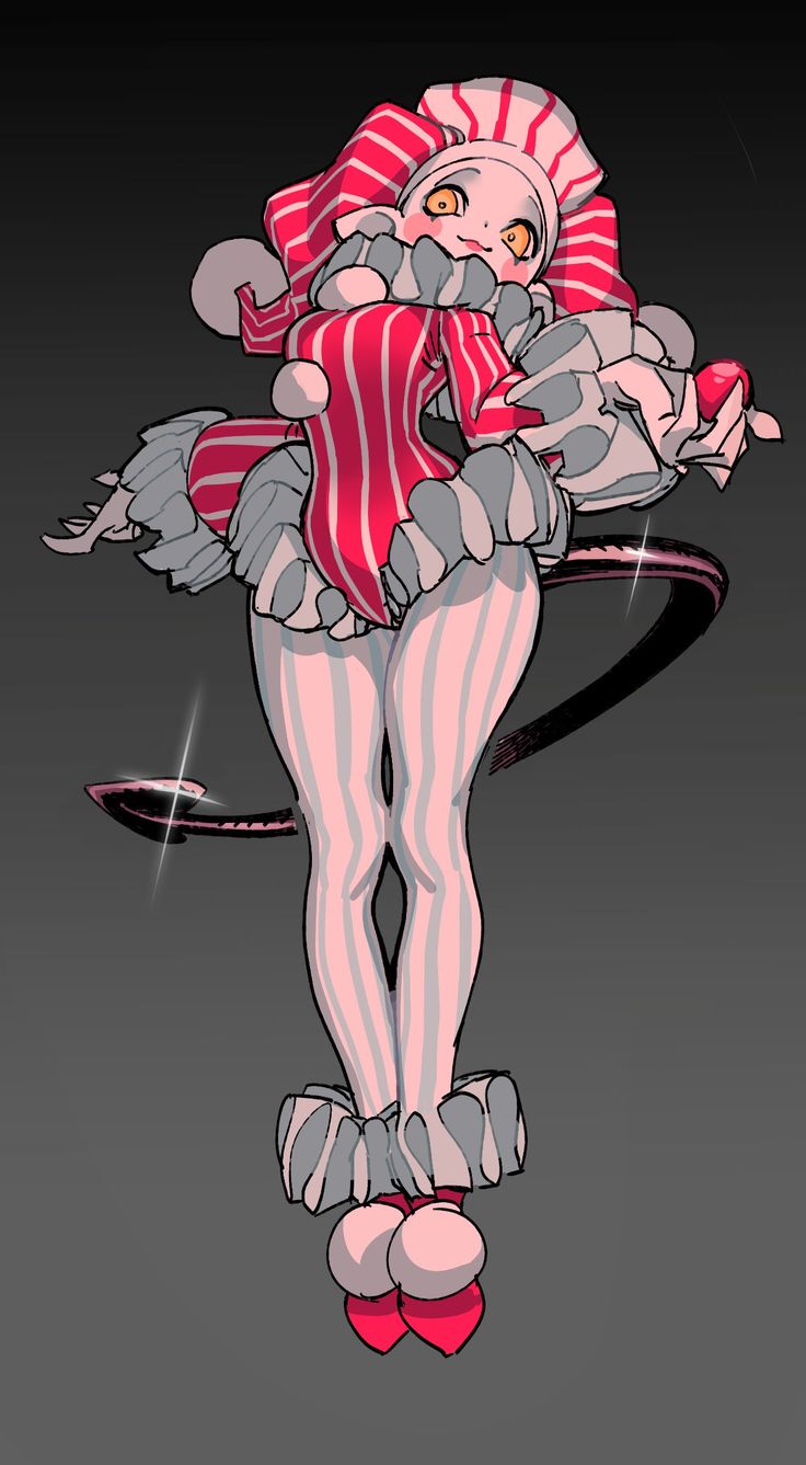 a digital illustration of a female clown with pink hair and large eyes, wearing a red and white striped costume.  the clown is smiling with a happy expression and is standing on one leg.  the clown's tail is a black line that circles around her.