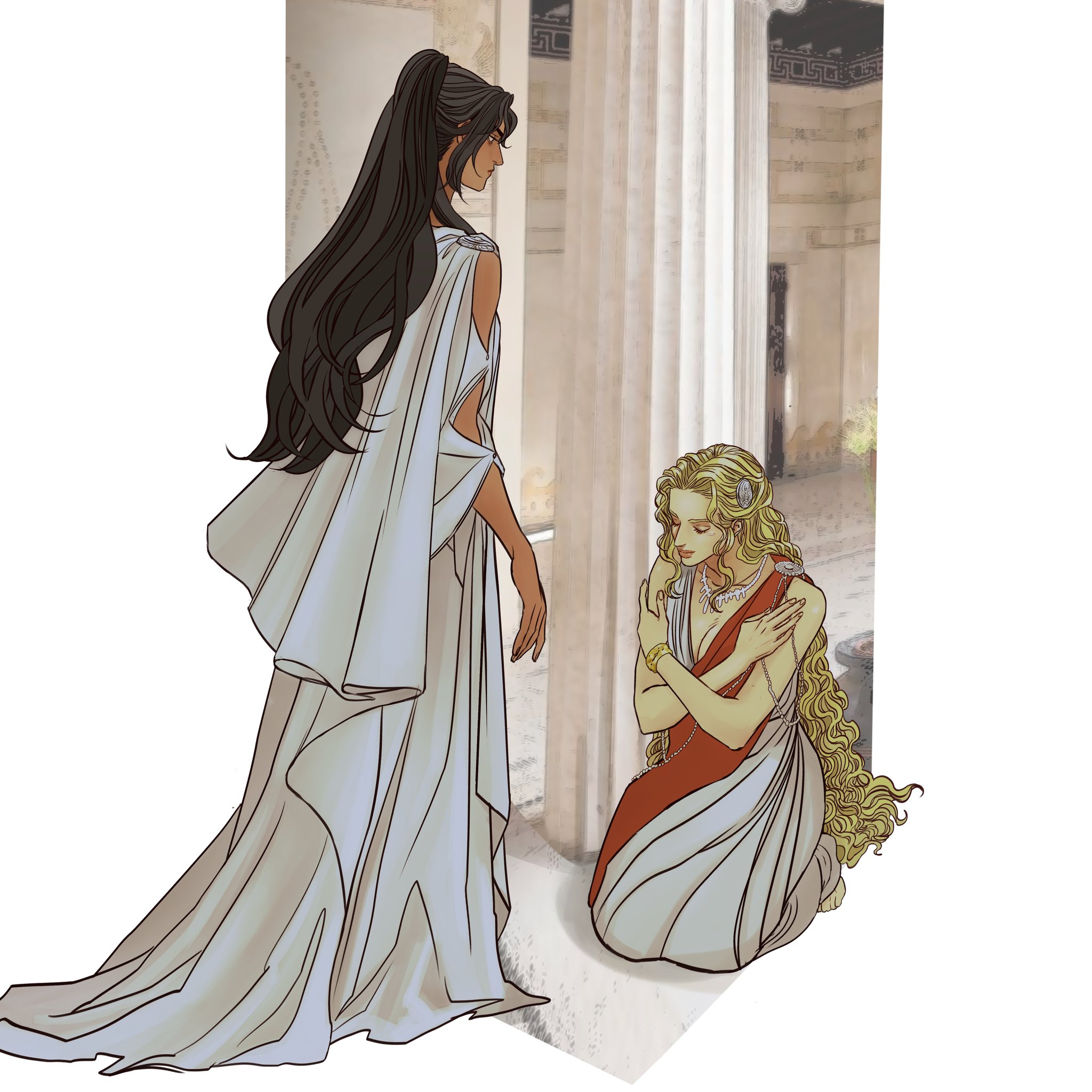 an illustration depicts two women in what appears to be ancient greece. the woman on the left is standing, with long dark hair pulled back in a ponytail, wearing a long white dress with a capelike attachment. she is looking down at the other woman. the woman on the right is kneeling, with long blonde hair, wearing a red and white dress. she is hugging herself and looks distressed. the scene is set in a building with columns, suggesting a temple or other important structure.