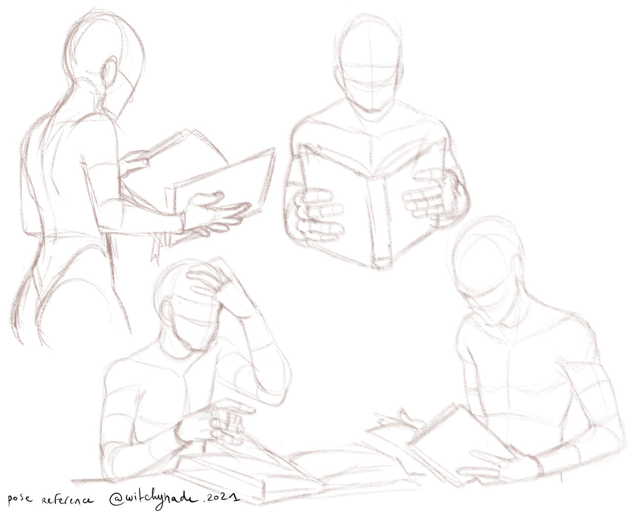 the image contains four separate pencil sketches depicting human figures in various poses, all centered around the action of reading a book.  the style is a loose, gesturebased sketch, focusing on capturing the overall pose and movement rather than precise details. the figures are drawn simply with minimal clothing detail, suggesting a focus on anatomical structure and form.  the sketches are done in a muted brownishgrey tone, and there is a watermark/signature in the lower left corner.  the sketches are suitable as pose references for artists working on figure drawing.