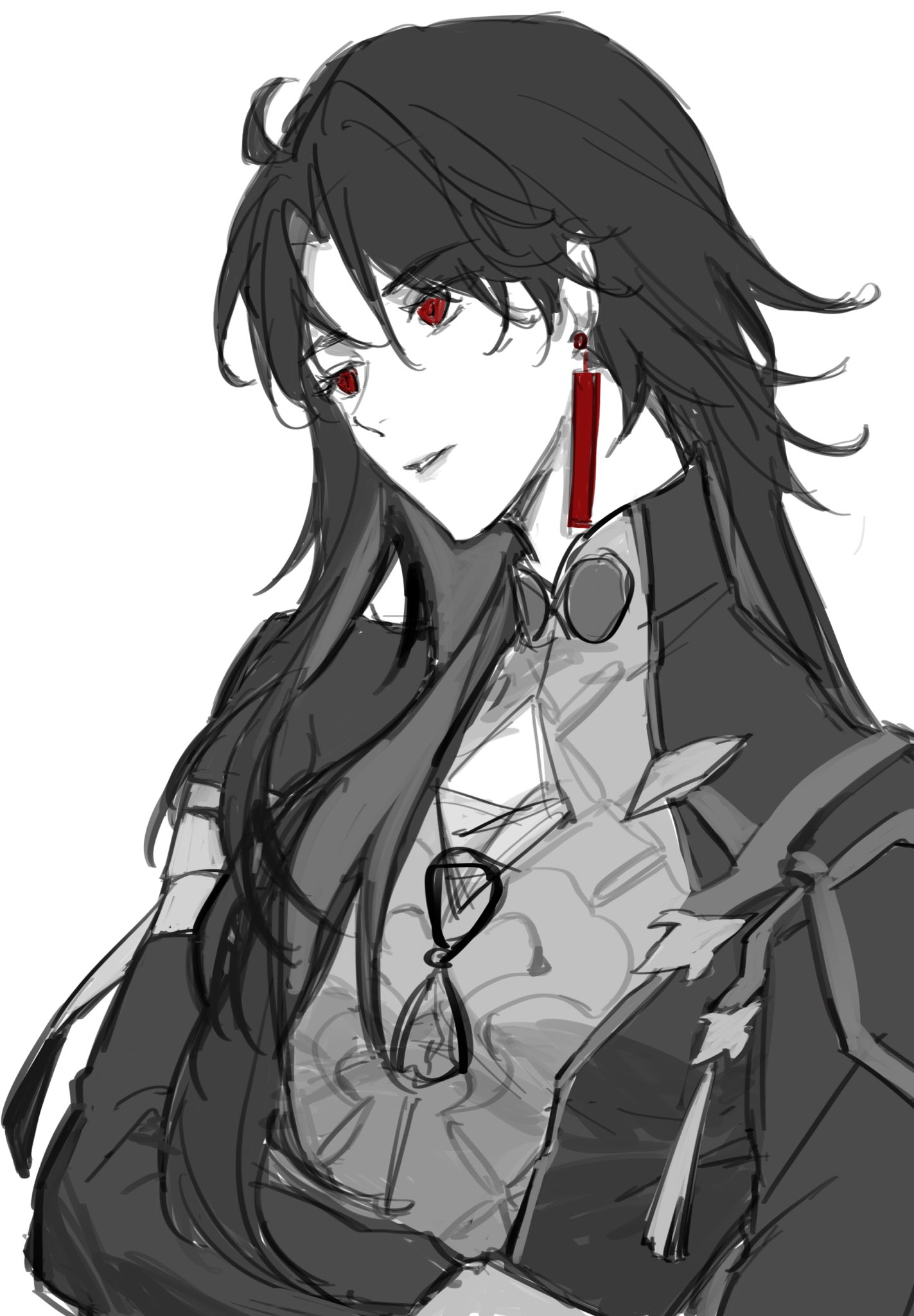 a black and white sketch of an anime male character. he has long, black hair that falls to his shoulders. he has red eyes and is wearing a red earring in his right ear. he's looking down with a serious expression. the sketch is done in a grey tone.