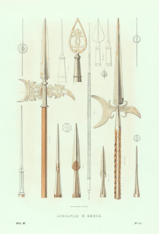 the image is an illustration of various types of spears and polearms, including halberds, arranged in a display of antique weaponry. the weapons are presented as diagrams or technical drawings, showcasing the designs and construction of the spearheads, blades, and axes. the illustration is reminiscent of historical military equipment and arms and armor, likely from a book or catalog about weapons and weaponry.