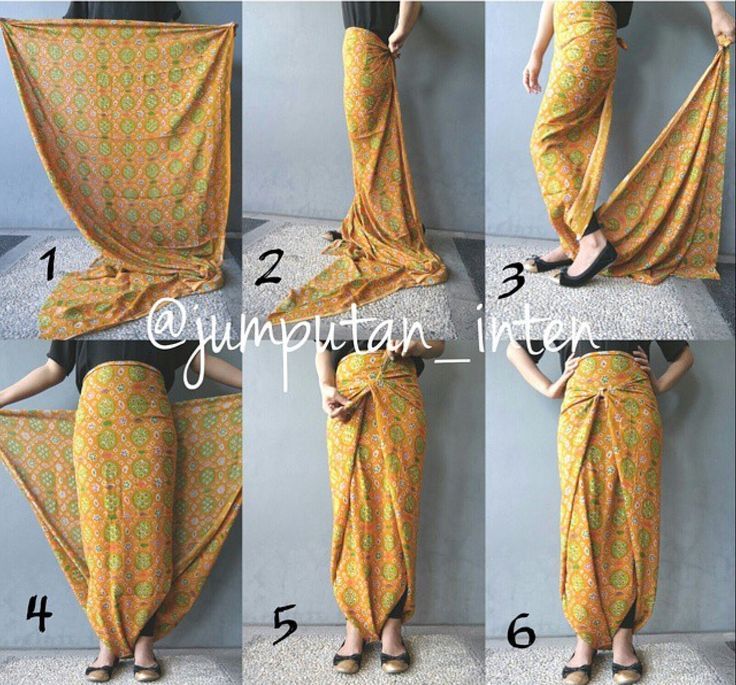 the image shows a tutorial on how to tie a batik fabric into a stylish skirt. it features six steps, starting from holding the unfolded fabric (1), wrapping it around the waist (24), and tying the ends together in a knot (56). the final result is a draped skirt with a tied waist.