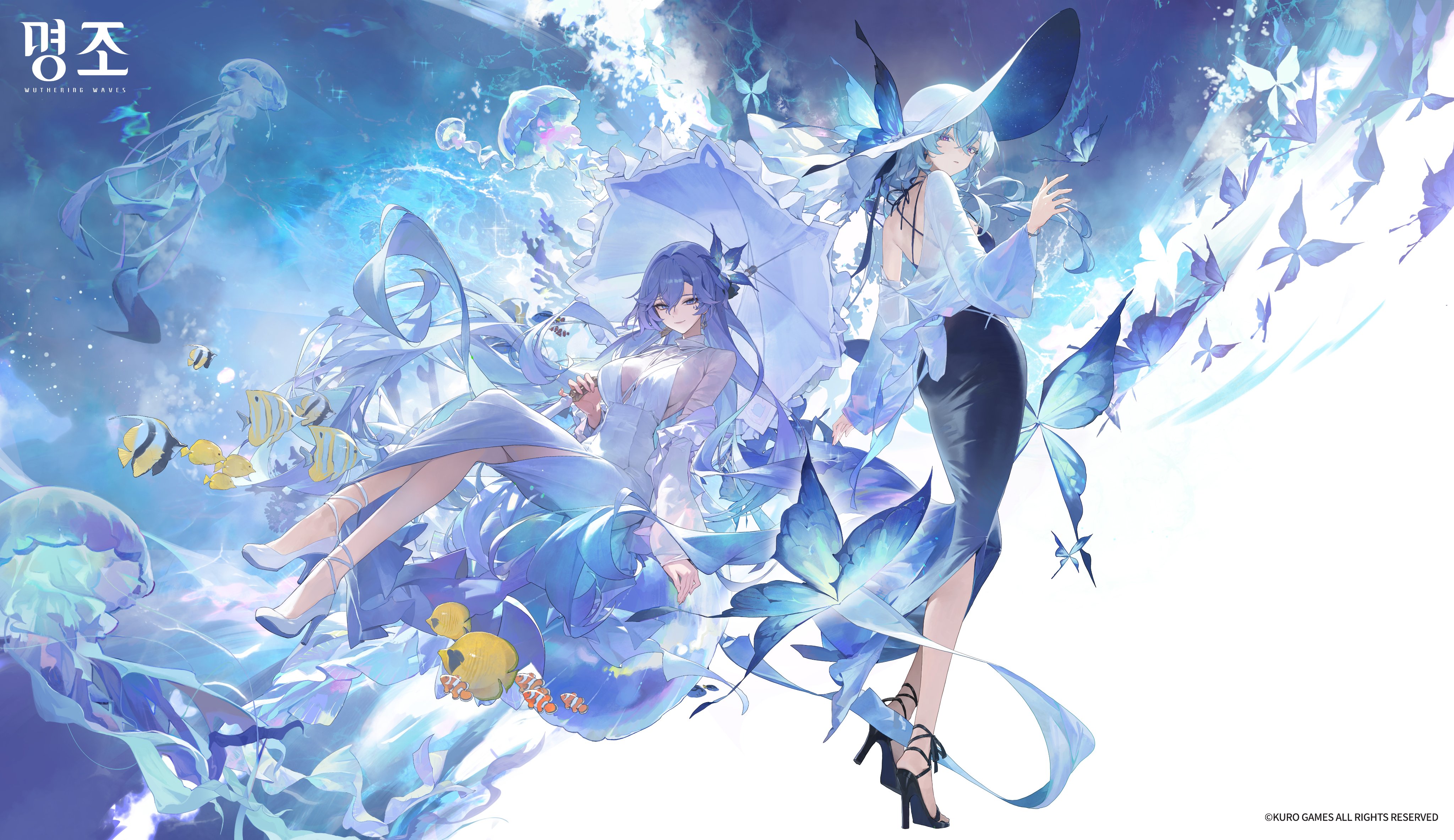 this artwork showcases two anime girls in a fantastical oceanthemed setting. one girl, with long blue hair, is seated, holding a white umbrella and wearing a white dress. the other girl, also with blue hair and wearing a large white hat, stands beside her in a white blouse and black pencil skirt. butterflies surround them, along with sea creatures like jellyfish and fish, adding to the whimsical, aquatic atmosphere. the artwork is copyrighted by kuro games and is associated with the game wuthering waves.