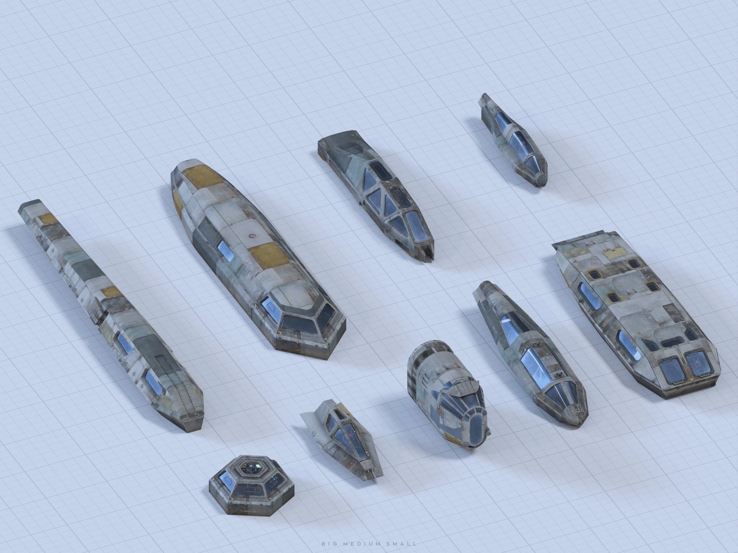 an overhead image shows a collection of 3d rendered spaceship models of varying sizes arranged on a gridded background.  the ships are predominantly grey and white with some yellow accents and have various shapes and sizes, ranging from long and slender to short and boxy. the text "big medium small" is faintly visible at the bottom of the image.  the overall style suggests a concept design for a fleet of spacecraft.