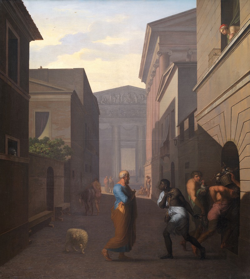 the painting depicts a scene in an ancient city, featuring a street lined with classical buildings. in the foreground, several figures are visible, including men and women, one of whom appears to be a slave. a man in a blue tunic and tan toga walks alongside a sheep. a donkey stands further back. other figures are present, some carrying a fruit basket. in the background, a large classical building with a colonnade is visible. a woman looks out from a balcony of one of the buildings on the right. the sky is cloudy and the overall atmosphere suggests a moment in time captured in a classical or neoclassical style.