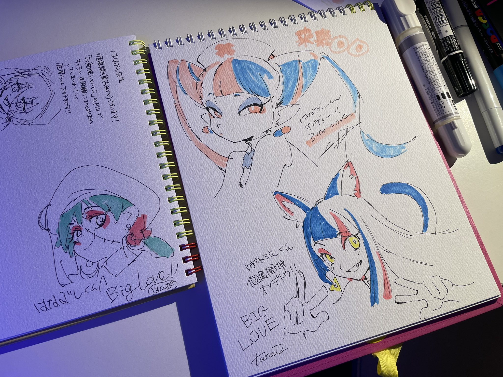 the image shows an open sketchbook containing colorful character sketches in an anime or manga style. the sketches are done with markers and feature female characters with exaggerated features, bright hair, and dynamic poses. there are handwritten messages and signatures in japanese alongside the drawings, possibly from the artist to someone named "hana bach" (はなばしくん). the sketchbook is laying on a table with a pink edge visible. a blue and white marker is resting on the right page.