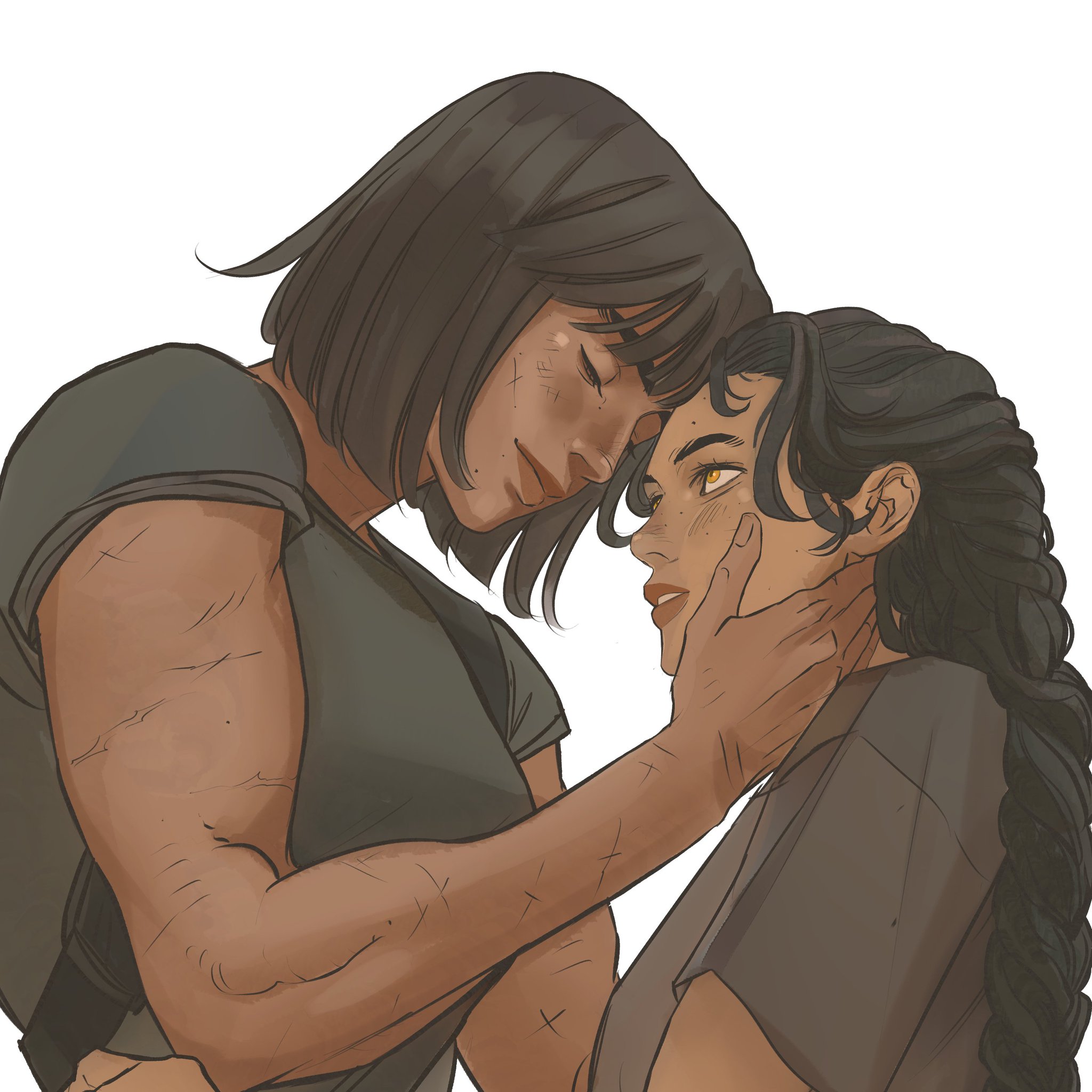 the image is an illustration depicting two women in an intimate embrace. one woman has short, dark brown hair, olive skin with scars visible on her face and arm, and is wearing a dark gray tshirt. she is looking down with a soft expression, her head tilted slightly towards the other woman. her arm is wrapped around the other woman, with her hand gently holding the other woman's face. the second woman has long, wavy dark brown hair styled in a braid, olive skin, and striking yellow eyes. she is looking up at the first woman with a loving expression. she is also wearing a dark gray tshirt. the overall tone of the image is tender and affectionate, suggesting a deep emotional connection between the two women. the background is plain white.