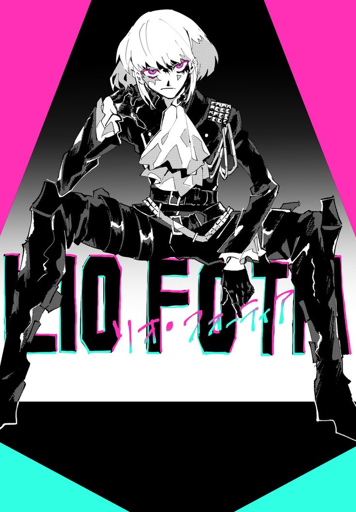 the image is a stylized digital illustration or artwork, likely from an anime or manga source. it features a young character, possibly female, with short, white hair and piercing pink eyes. the character is dressed in dark, edgy clothing with punk and goth elements –think black leatherlike garments, studded details, and a dramatic, ruffled white collar. they are seated with a confident, almost defiant pose.  the character is set against a bold geometric background featuring shades of black, pink, and teal.  the name "lio fotia" is prominently displayed in a stylized font with a glitchy, neon effect.  the overall style is sharp, high contrast, and visually striking, suggesting a character with a strong personality.