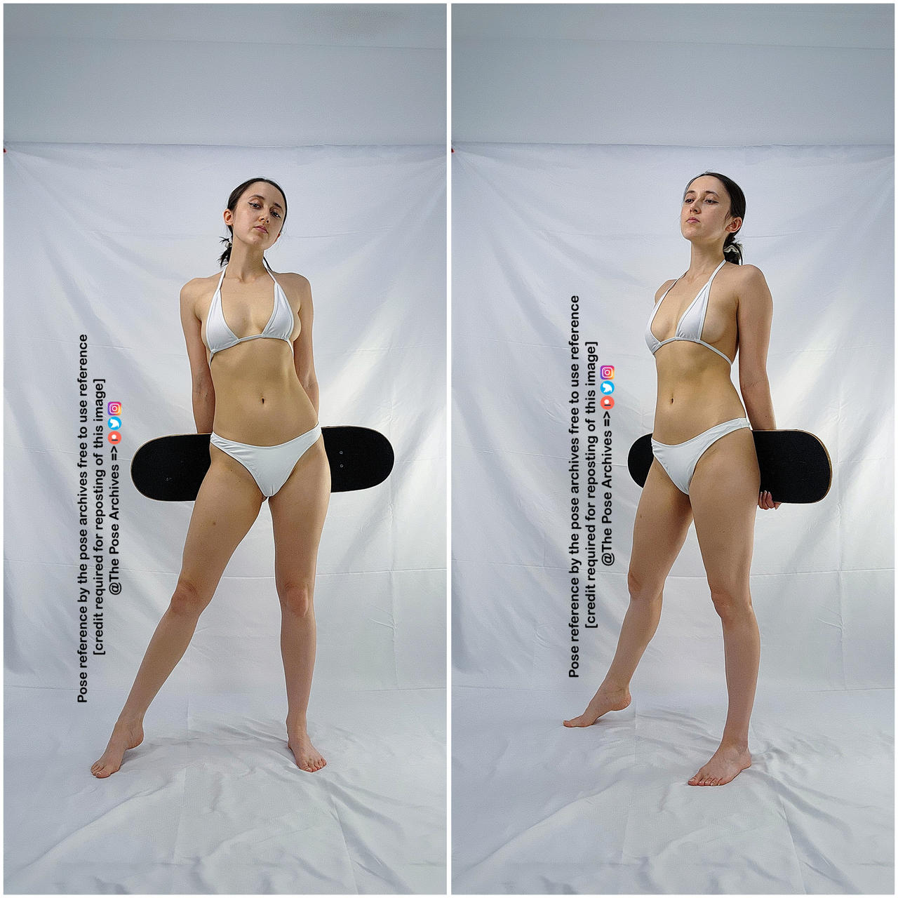 the image showcases the same young woman in a white bikini, holding a skateboard, posed against a white background in two slightly different stances. the images are presented sidebyside, presumably as pose references for artists.  the lighting is bright and artificial, creating a neutral and clear view of the model's form.
