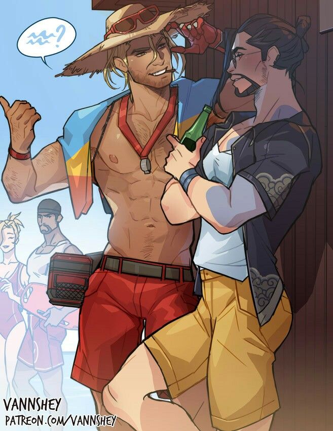 the image is a digital fan art piece depicting hanzo and mccree from the video game overwatch, enjoying a summer day at the beach. mccree is dressed in a lifeguardstyle outfit, complete with red shorts, a whistle, and a straw hat; while hanzo is wearing casual summer clothing.  the two characters are engaging in a lighthearted, intimate interaction, suggestive of a romantic relationship.  the art style is vibrant and slightly stylized, with a focus on character design and dynamic posing. the background shows other beachgoers and suggests a relaxed, sunny atmosphere. the artist's signature, "vannshey," and patreon information are visible in the bottom left corner.