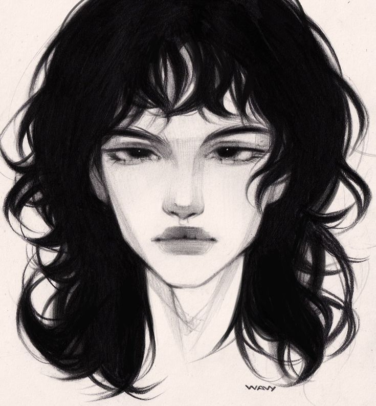the image is a closeup, black and white charcoal or graphite drawing of a young woman's face and shoulders.  she has long, wavy, dark hair with bangs that partially cover her forehead. her expression is serious or neutral, and her gaze is directed forward. the style of the artwork is realistic, with attention to detail in the rendering of her features and hair texture. the overall mood is somber or moody. the background is plain white, drawing all focus to the subject.