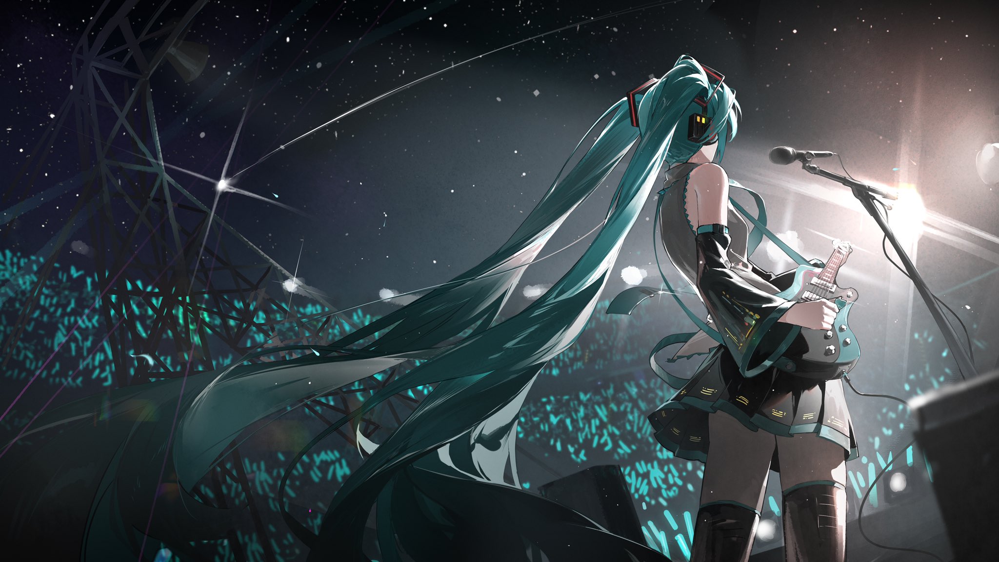 the image is a digital painting or illustration featuring hatsune miku, a popular virtual singer, on stage performing with an electric guitar.  she's depicted in her iconic teal twintails hairstyle, wearing a darkcolored outfit with a short skirt.  the background suggests a nighttime concert setting with a dark sky filled with stars and a blurredout audience represented by glowing teal symbols.  a microphone and guitar stand are visible, indicating a live performance. the overall style is animeinfluenced with a slightly futuristic or cyberpunk feel.  the lighting emphasizes miku and her performance.