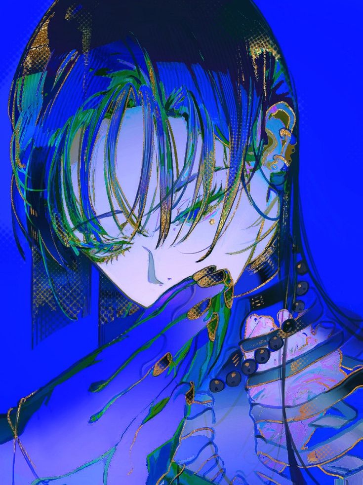 the image is a digital illustration or artwork depicting an animestyle girl. she has long, dark blue hair with hints of green and gold highlights. her eyes are partially closed, and her expression is somewhat secretive or melancholic. she's wearing a dark blue outfit with gold detailing, and gloves that are a similar shade of blue. the overall aesthetic is dark, mysterious, and elegant with vibrant and colorful elements. the background is a solid bright blue. the style is reminiscent of modern anime art with a focus on bold colors and unique texturing. the image has a slightly blurred or painterly quality, adding to its artistic effect.