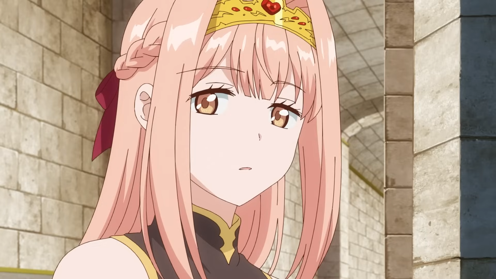 an animestyle drawing of a princess with long pink hair and a sad expression. she wears a small gold crown, a black and yellow dress and stands in a stone hallway.  her facial expression and the lighting evoke a melancholy mood.