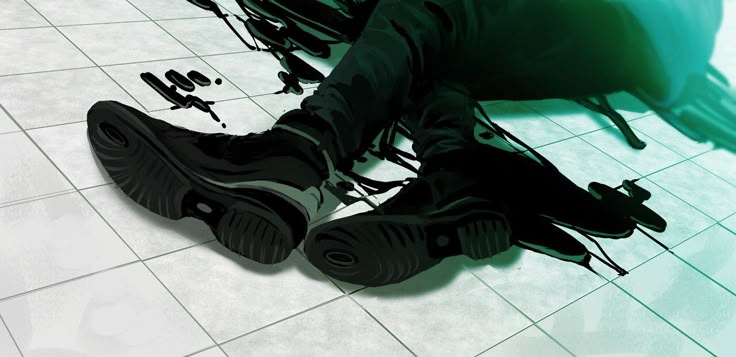 an image showing a pair of black shoes on a white tiled floor, with black liquid, possibly paint or ink, spilled around them. the person wearing the shoes is lying down, with their legs and trousers visible. the scene suggests an accident or a spill.