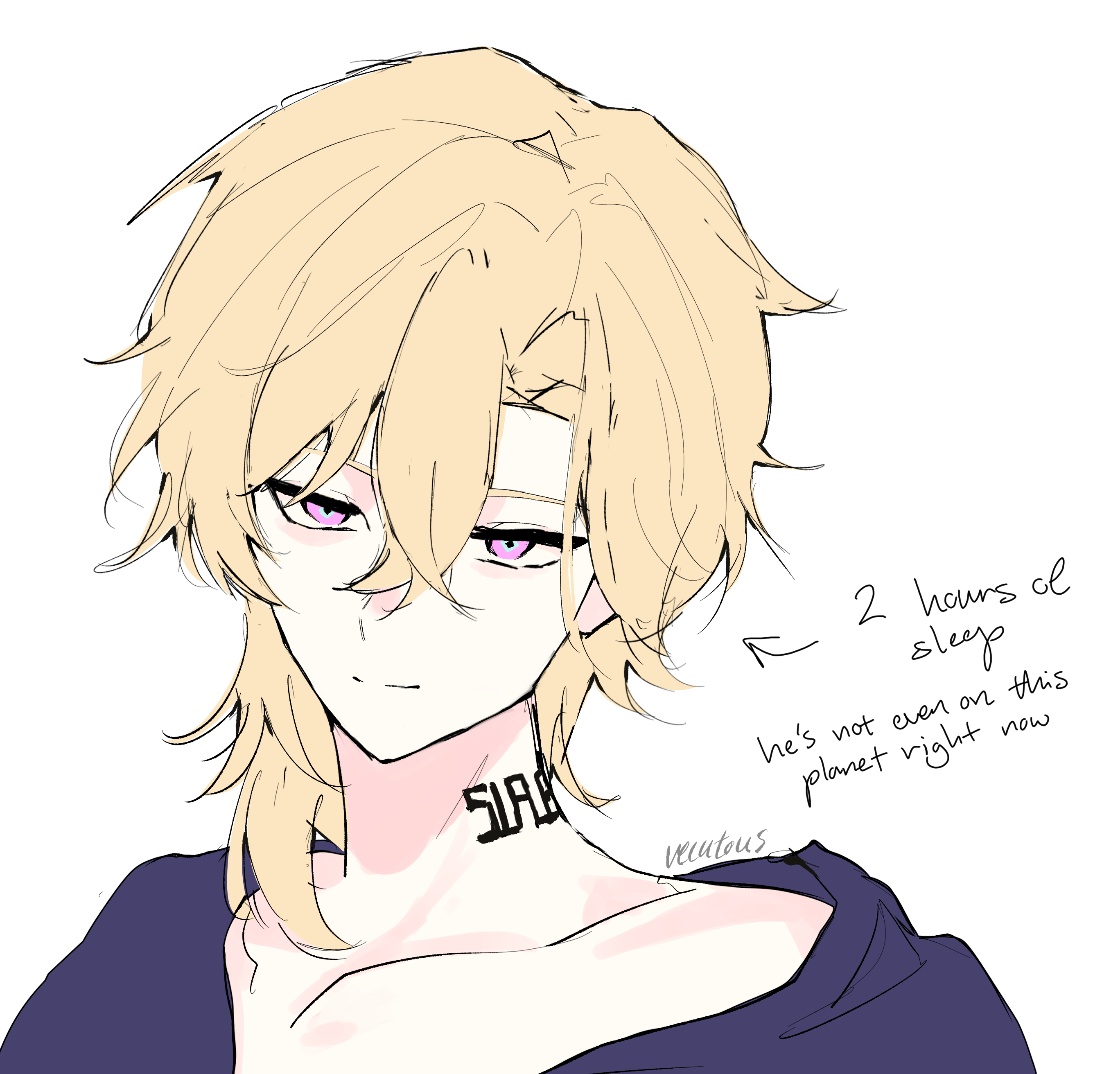 the image is a digital drawing or sketch of an animestyle young man with shoulderlength blond hair and purple eyes. he appears tired, with annotations indicating he only had two hours of sleep and is not presently grounded in reality. he has a small tattoo on his neck reading "508." the style is somewhat sketchy and soft, and the overall mood is one of weariness or detachment.  he is wearing a darkcolored shirt.