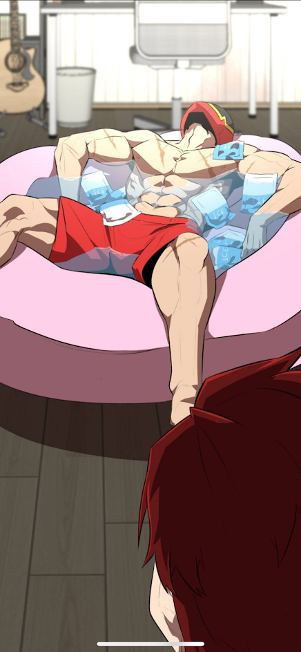 this is a digital illustration of an anime character lying on a large, pink, round tube filled with water, ice and blue water balloons. the character has short red hair, a red headband and is wearing a red and white outfit. he has a very muscular build, and his eyes are closed as if he is asleep or relaxing. he has a slight smirk. a second character, a man with long, flowing red hair is sitting in the background, looking down at the first character. the background has a guitar, a wooden floor, and a white chair. the scene is vibrant, colorful and very detailed.