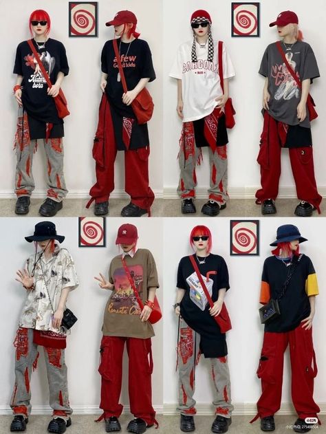 the image shows a grid of eight photos featuring the same woman styled in different streetwear outfits. she is posing against a consistent backdrop with red spiral designs and framed pictures. each outfit showcases a graphic tee, baggy pants (often layered), a bucket hat, and a bandana, primarily in red, black, white, and grey tones. the studio lighting is bright and highlights the details of each outfit.