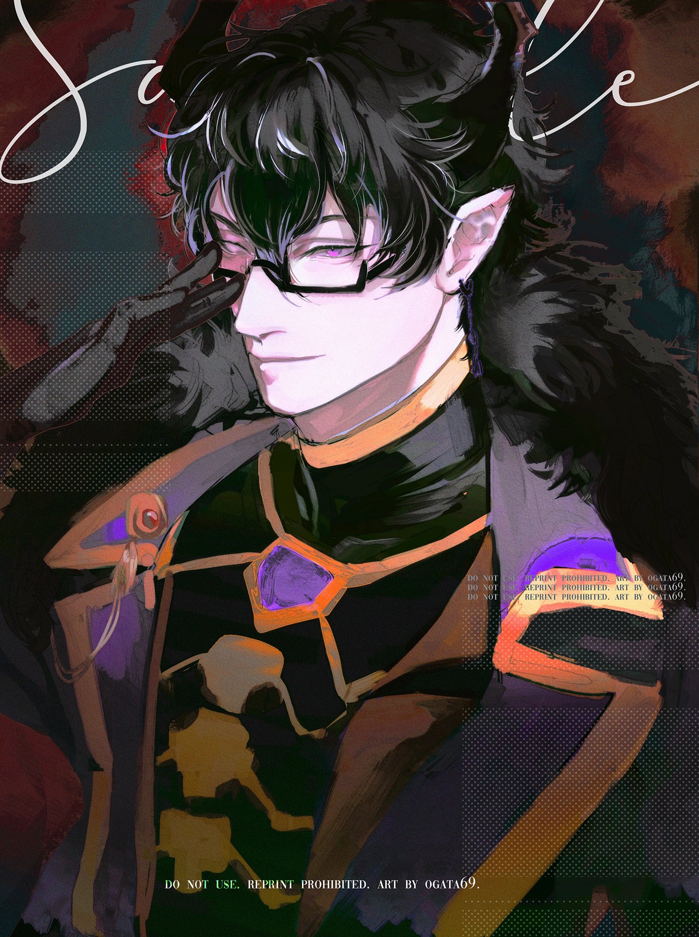 a digital painting of a male anime character with horns, glasses, and a dark purple and orange outfit, against a dark background. the character has a mysterious and slightly menacing expression.