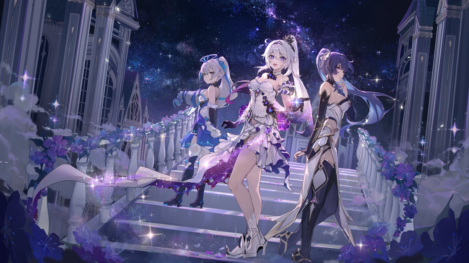 the image is a vibrant digital painting or illustration depicting three animestyle girls in elaborate, flowing dresses.  the dresses are primarily in shades of purple, white, and blue, accented with glittering sparkles that suggest magic or starlight.  the girls stand on a grand staircase leading up to a large, ornate palacelike structure under a night sky brimming with stars.  purple flowers and glowing particles adorn the scene, adding to the ethereal and magical atmosphere. the overall style suggests a fantasy setting, possibly from a video game like honkai star rail, given the character designs. the art style is detailed and highly polished, conveying a sense of elegance and wonder.
