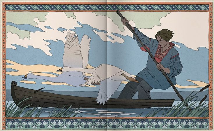 a digital illustration in a vintage art deco style depicts a man in traditional clothing rowing a boat across a calm body of water. two swans are flying over the boat. the sky is a soft blue with clouds, and reeds are growing along the water's edge. the illustration is bordered with a decorative pattern. the style is reminiscent of early 20thcentury illustrations.