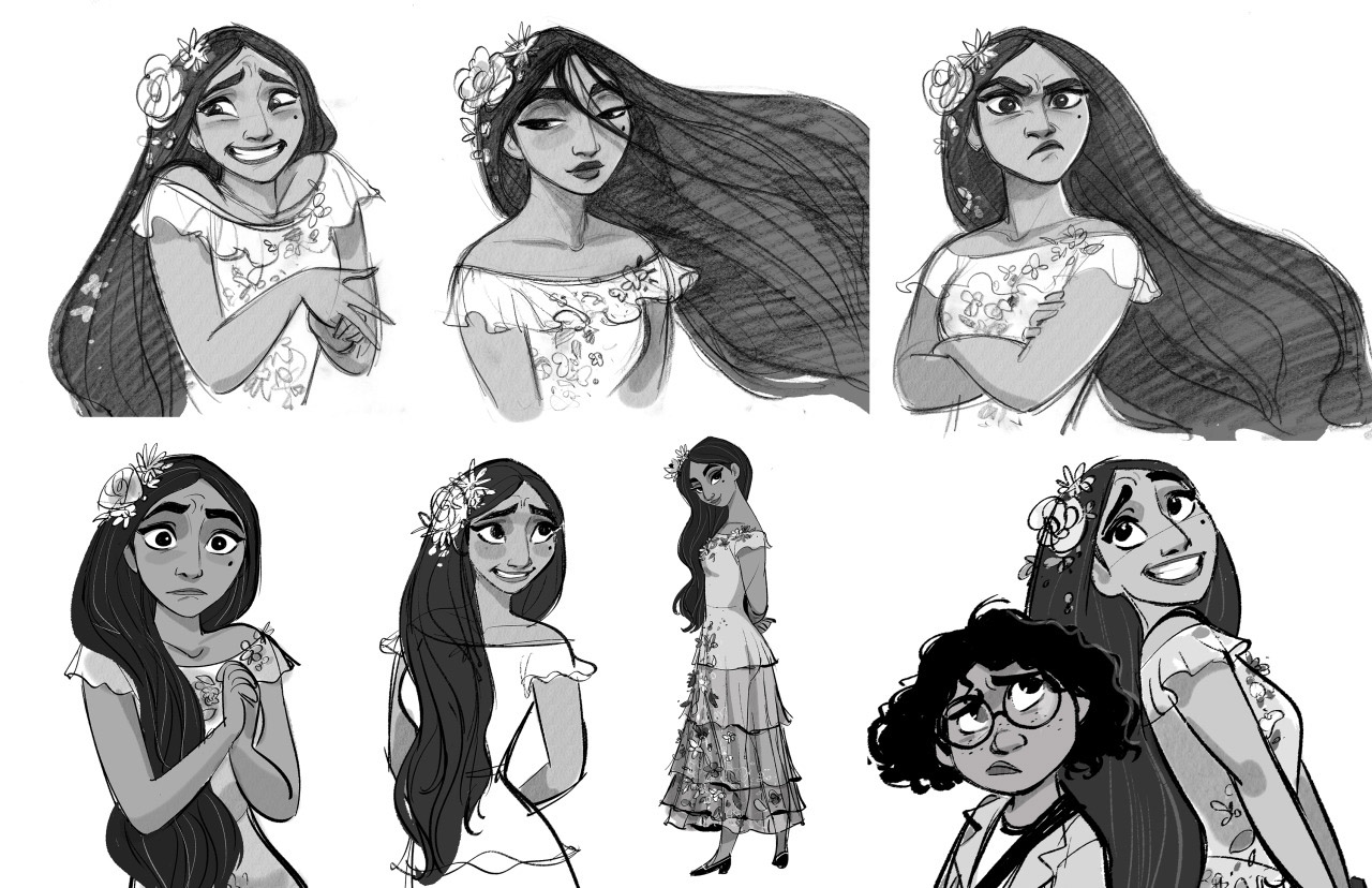 a collection of character sketches of isabela and mirabel from the disney movie encanto. the sketches are in black and white and show various expressions and poses of the characters. isabela is depicted with long flowing hair and flowers in her hair, while mirabel has curly hair and wears glasses. the sketches showcase the character design process and exploration of different emotions.