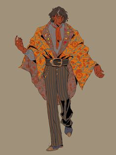 the illustration showcases a man striking a pose. he embodies a stylish blend of boho and western aesthetics. his attire consists of a vibrant orange patterned shawl draped over a blue shirt and a brown vest. his pants, a classic pinstriped design in brown and black, complement the overall look. a brown belt with a striking buckle cinches his waist, adding a touch of ruggedness. his pose exudes confidence as he walks.