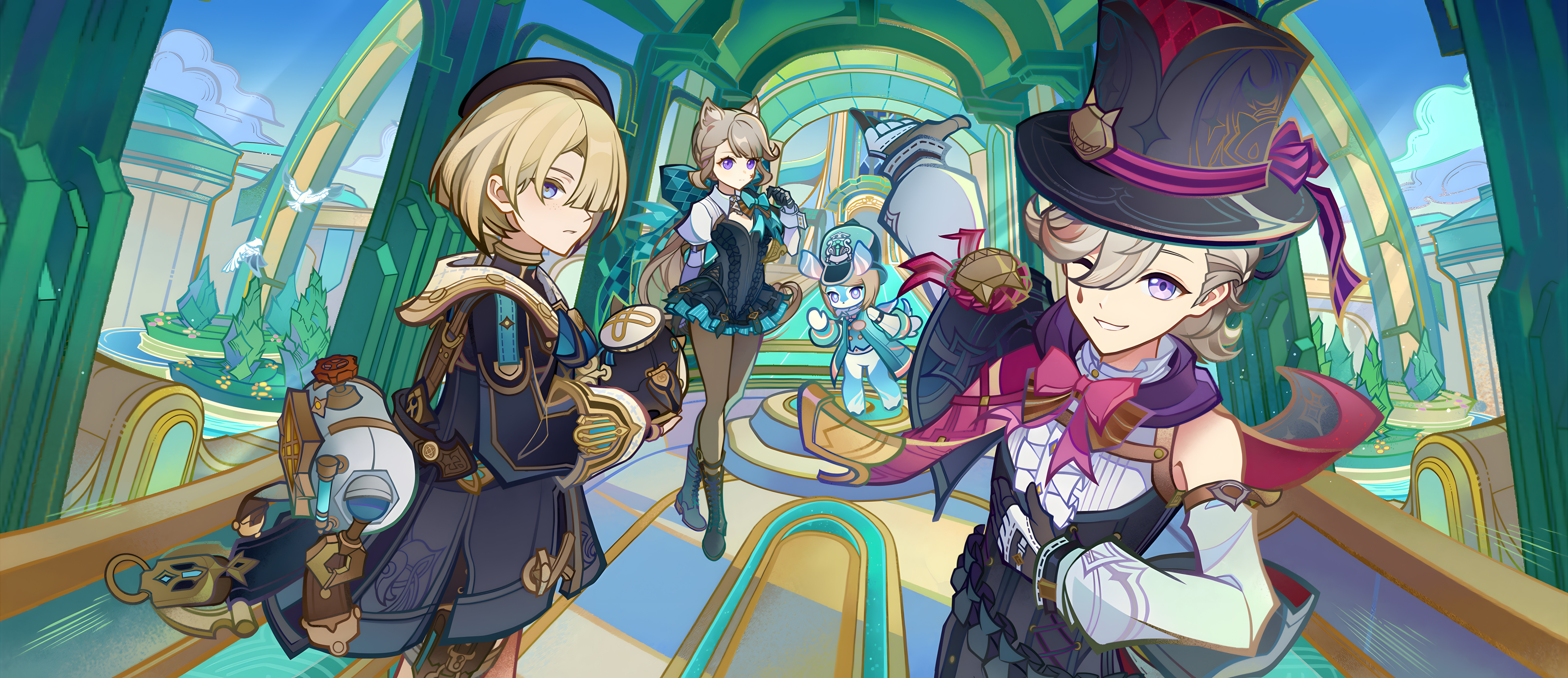 the image depicts a scene from genshin impact, a popular openworld action roleplaying game. it features a group of four characters in a magical setting, with a distinct anime style. the group consists of three females and one male, all adorned in elaborate outfits and weapons. the characters appear to be in a grand hall or palace, surrounded by intricate architecture and enchanting details. the vibrant colors and whimsical atmosphere create a captivating and dreamy ambiance, suggesting a fantastical world full of adventure and magic. the characters' expressions and poses convey a sense of camaraderie and strength, suggesting a powerful team ready to embark on exciting quests.