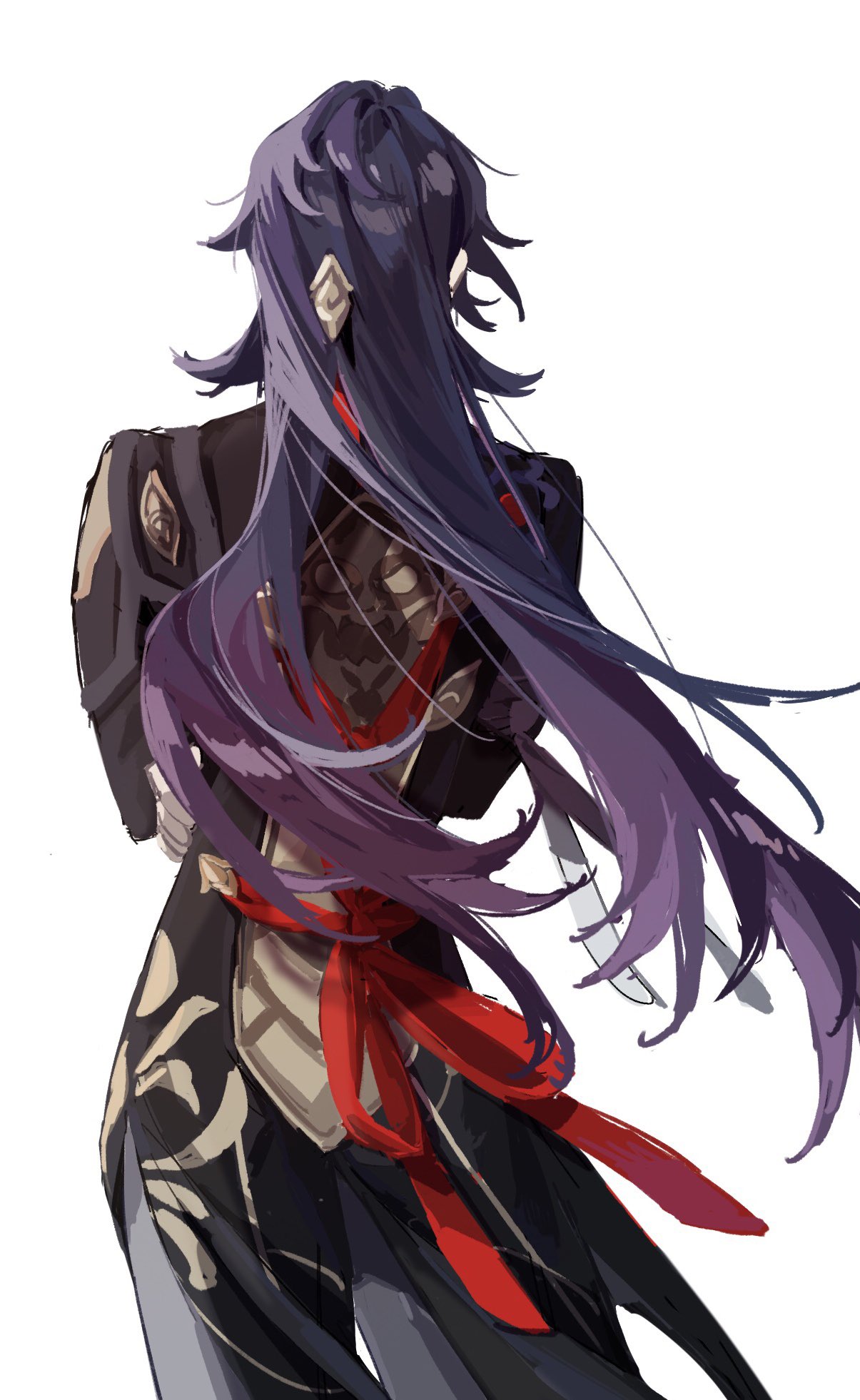 the image features an anime character, a young woman with long, flowing purple hair and wearing a black and white outfit. she is holding a sword and a red ribbon in her hair. the wind is blowing her hair and ribbon as she stares into the distance. the background is white.