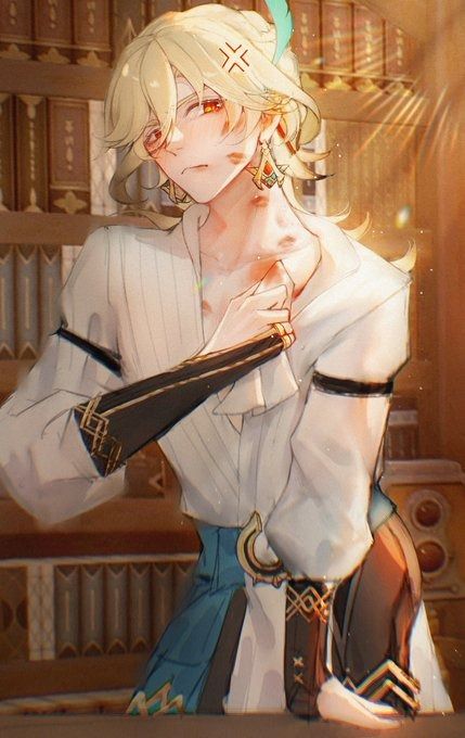 the image is a piece of digital fanart depicting albedo from genshin impact. he's depicted in a library setting, dressed in an elegant, lightcolored shirt and pants with darker accents and armbands. his blond hair is styled up with a feather ornament.  he has several small wounds and bloodstains visible on his neck and shoulders, suggesting injury. his expression is somewhat gentle, yet slightly pained or pensive. the artist has used dramatic lighting and a soft color palette to create a visually appealing and emotionally evocative piece. the overall style is highly detailed and artistic.