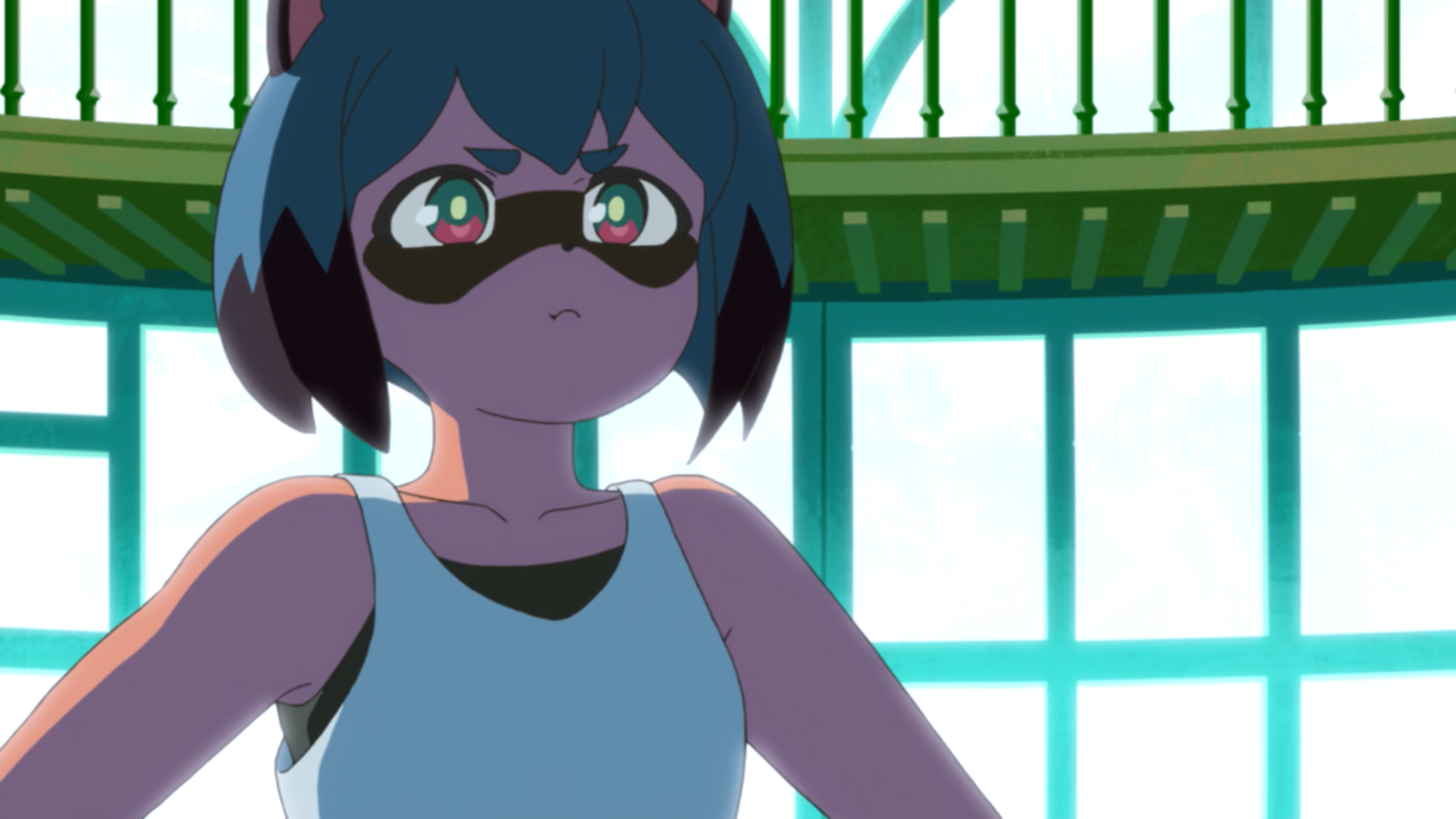 a young anime girl with raccoonlike features stands in a brightly lit room with a determined expression. she has short, dark hair and wears a simple white tank top. the room has large, arched windows and a balcony above, suggesting a spacious and airy setting.