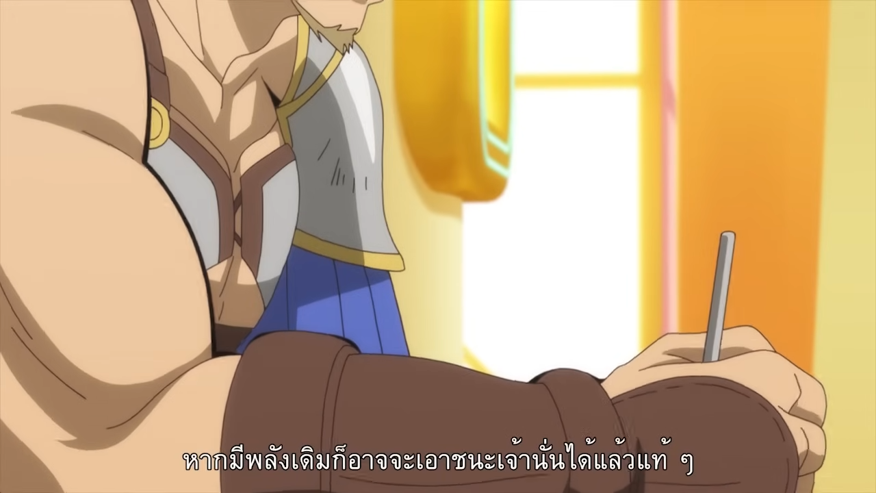 a closeup shot of a muscular man with light skin and blonde hair. he is wearing blue and gray armor. he is holding a pen in his right hand and appears to be drawing on paper.  the image is brightly lit and the background is a soft yellow and orange. there is thai text in the lower part of the image.