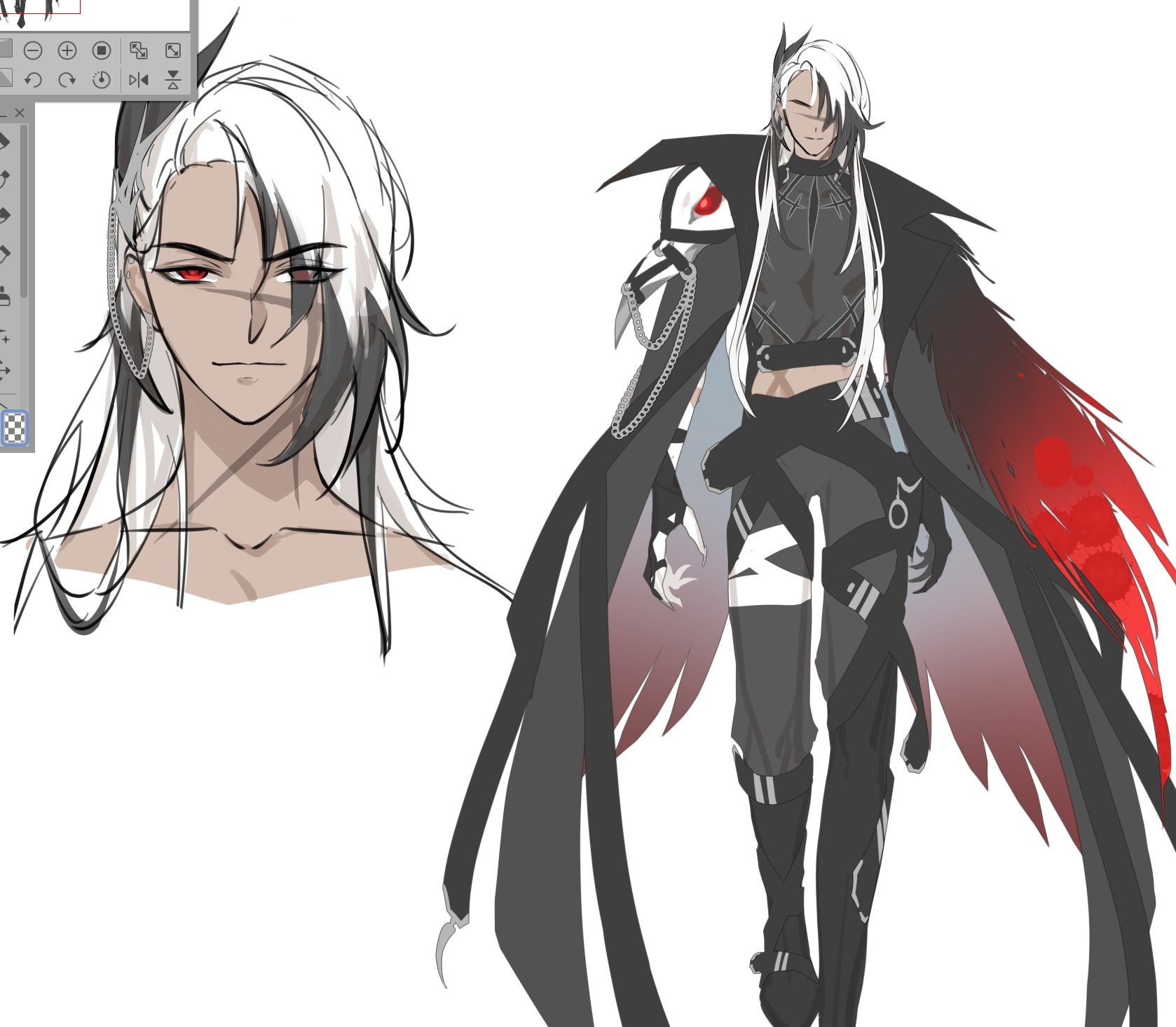 this is a digital illustration of a male character with long white hair, red eyes, and a scar across his left eye. he is dressed in a black and grey outfit with a feathered cape, chains, and bandages. the drawing showcases two views of the character: a closeup of his face and a fullbody view.