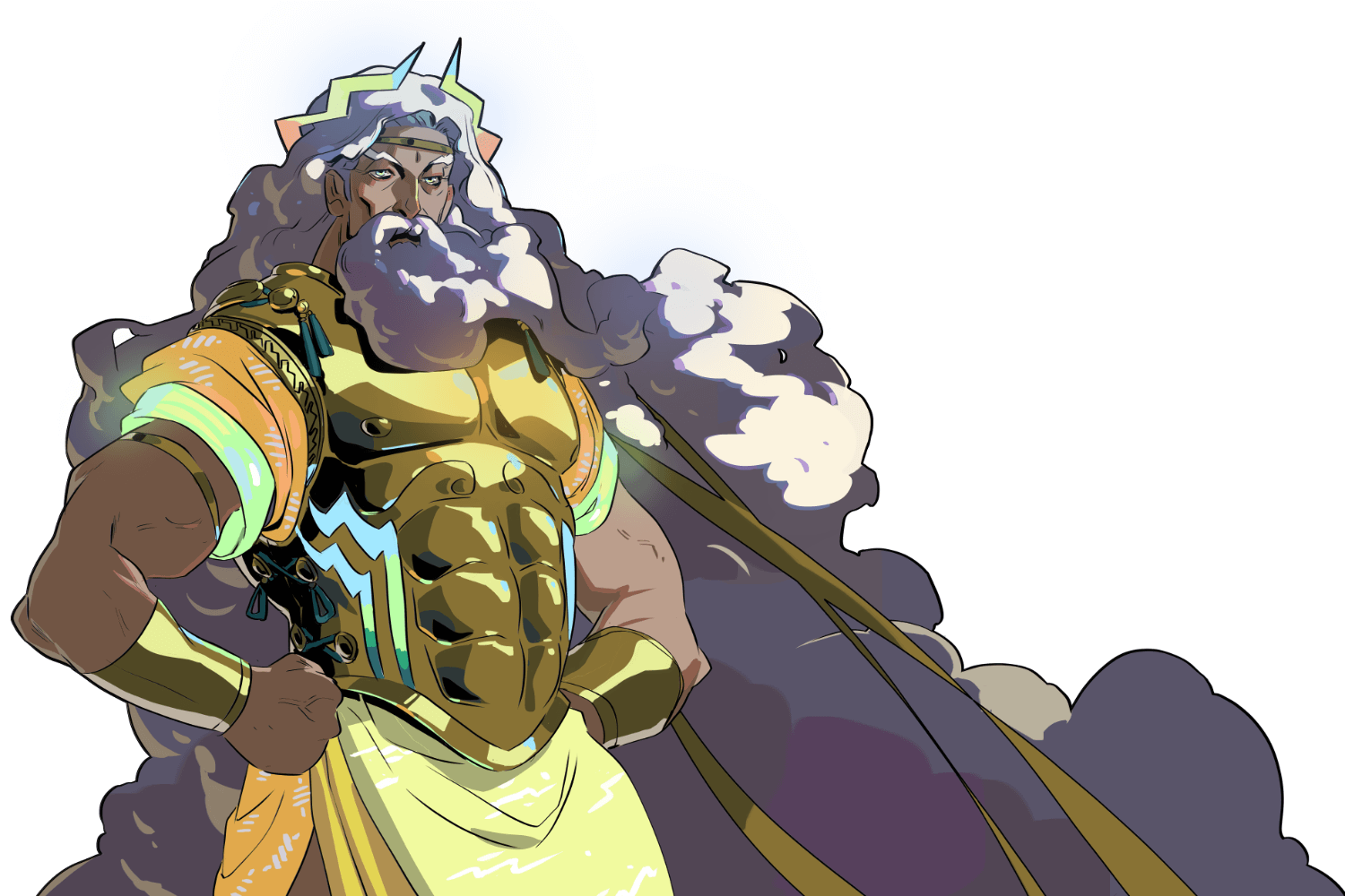 this is a digital illustration of zeus, the king of the gods in greek mythology.  he is depicted as a powerful and imposing figure, with a long white beard, a golden crown, and a muscular physique. he is wearing a golden armor with a lightning bolt design,  and his body is covered in clouds. he has a serious expression on his face, and he appears to be ready for battle.
