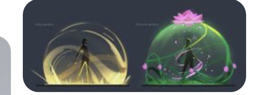 the image showcases concept art for what appears to be character abilities, likely attack and defense, in a fantasy setting.  two identical silhouetted figures stand in dynamic poses. on the left, one figure is surrounded by a whirlwind of glowing, golden energy. on the right, the second figure is encased in a protective, translucent green bubble with a pink lotus flower blooming on top. delicate, glowing green vines with smaller pink flowers wrap around the bottom of the bubble. the background is dark and nondescript, drawing attention to the contrasting bright yellows and greens of the abilities.