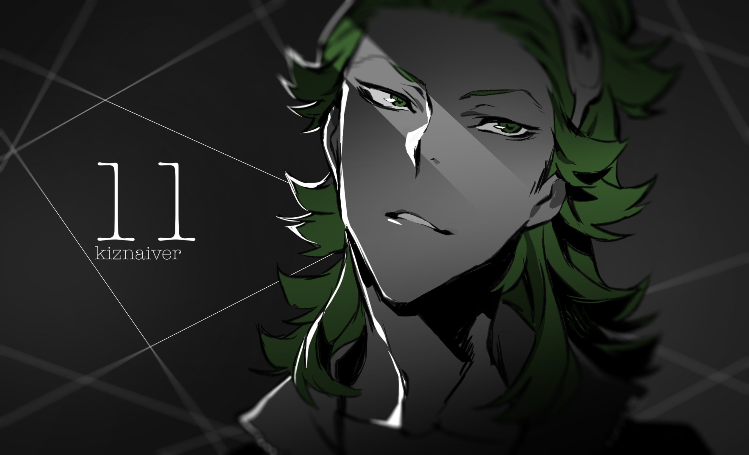 the image features a closeup illustration of a young man with vibrant green hair.  half of his face is shrouded in shadow, adding an air of mystery and intensity.  the lighting emphasizes his sharp features and piercing gaze, directed slightly off to the side.  the background is a dark, geometric pattern, further enhancing the overall dramatic effect.  the style of the artwork is reminiscent of anime or manga.