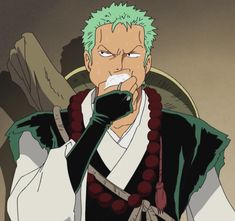 this is an illustration of the upper body of roronoa zoro, a character from the anime series one piece, dressed as a monk. he is wearing a white robe with a black and green outer robe. he has a serious expression and is holding a white cloth to his mouth with his right hand, which is covered by a black glove. his left hand is resting on his lap. he is wearing his signature green bandana on his head and his three swords are visible on his back. the background is a beige wall.