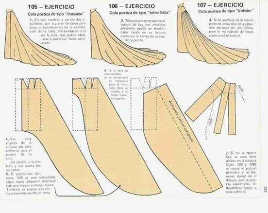 the image shows dress and skirt patterns with sewing instructions in spanish, labeled "ejercicio" and with descriptions such as "cola postiza tipo 'duquesa'," "cola postiza tipo 'sobrafalda'," and "cola postiza tipo 'polisón'."