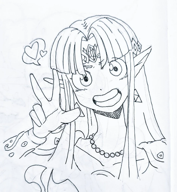 a black and white line drawing of an anime girl. she has long, flowing hair, big eyes, and a bright smile. she is holding up two fingers in a peace sign and has a heart symbol above her head. she is wearing a necklace.