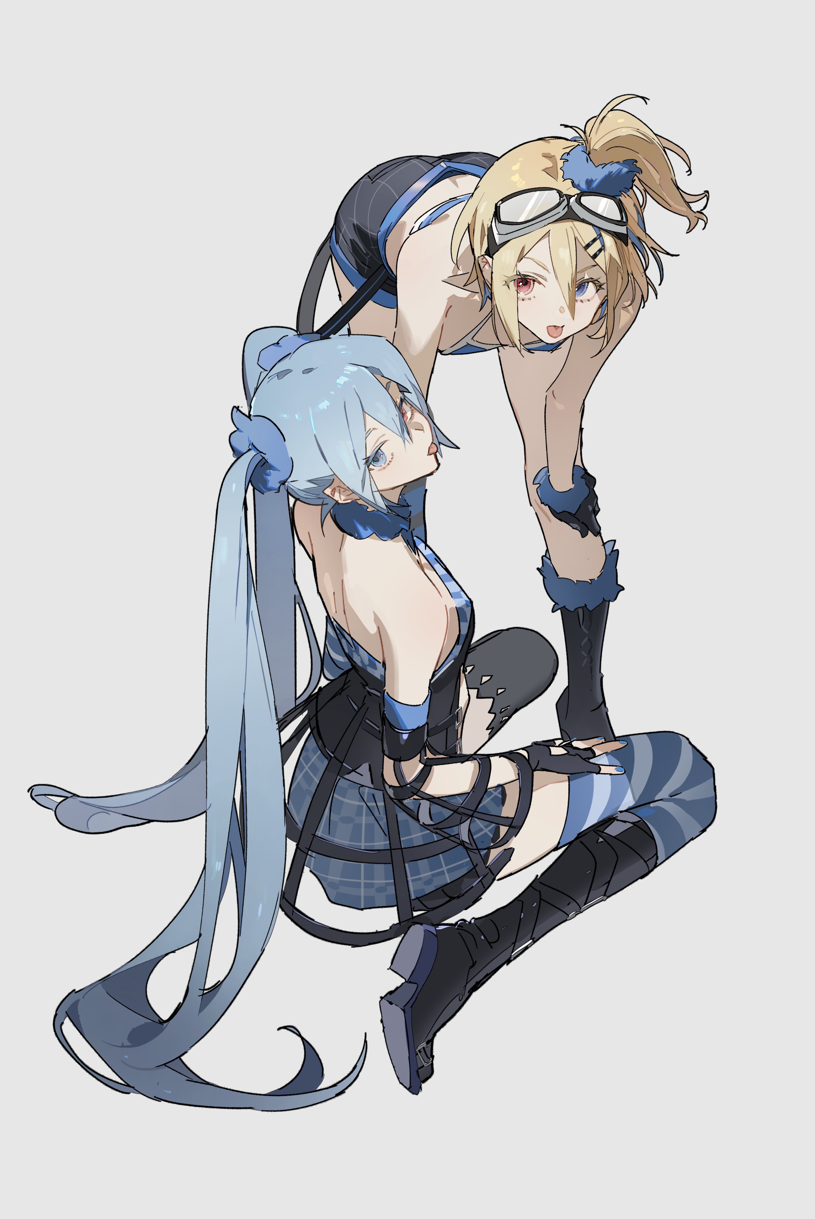 the image is a digital drawing of two animestyle girls. one girl has long, light blue hair and is sitting down, wearing a blue and black plaid skirt, black boots, and blue and black accessories. she's looking up slightly.  the other girl has blonde hair styled up, and wears a dark blue and black outfit with goggles, and is bending over slightly, looking down at the other girl. they both have striking red eyes and an expressive look on their faces. the background is a simple offwhite color. the style is highly stylized, emphasizing lines and movement in the clothing and characters' poses.