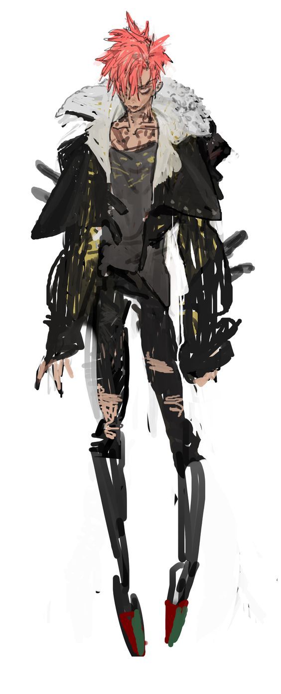 this image depicts a digitally drawn anime character. the character is a young man with pink hair. he is standing in a dark, grungestyle outfit, with black jeans and a long black jacket with white fur trim. he has red and green shoes on. the background is white with a black brushstroke effect.