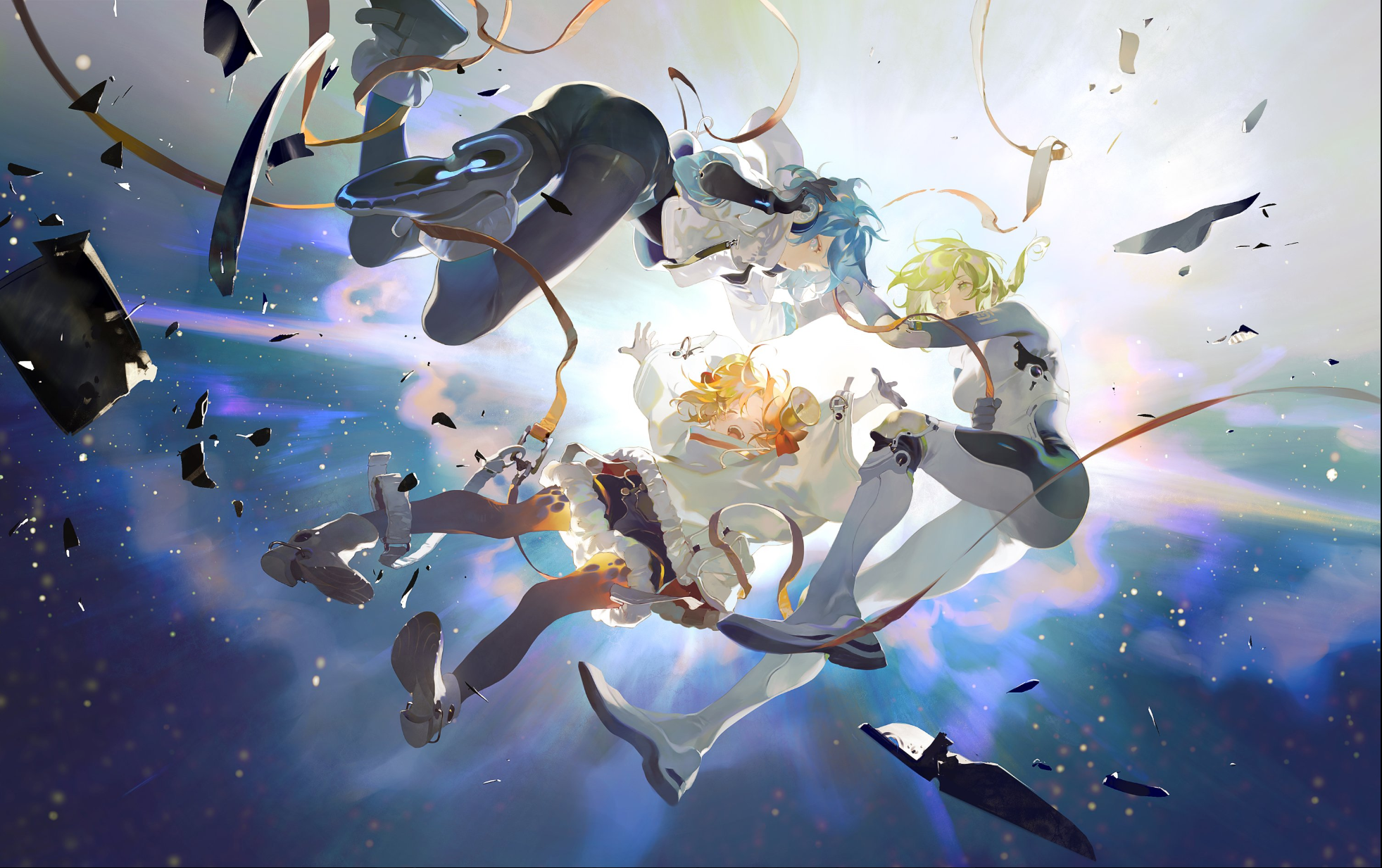 four animestyle girls float in the air surrounded by bright light and debris. they appear to be in the middle of a magical girl transformation. they are surrounded by bright light and flowing ribbons against a backdrop of space.