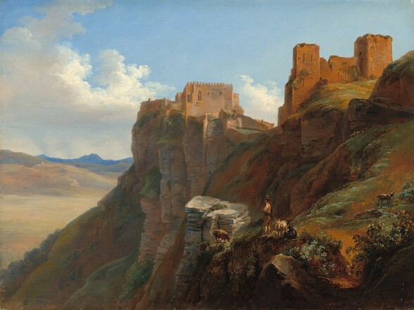 a painting depicts a landscape featuring a ruined castle atop a cliff. two separate structures of the castle are visible, overlooking a valley in the background. the foreground includes a herder with livestock on a hilly terrain. the sky is partly cloudy.
