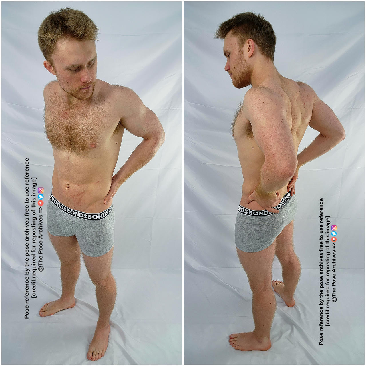 a caucasian male with brown hair and a short beard is standing in front of a white background. he is wearing gray boxer briefs and his hands are on his hips. the image is a pose reference, and the man is lit with soft lighting.