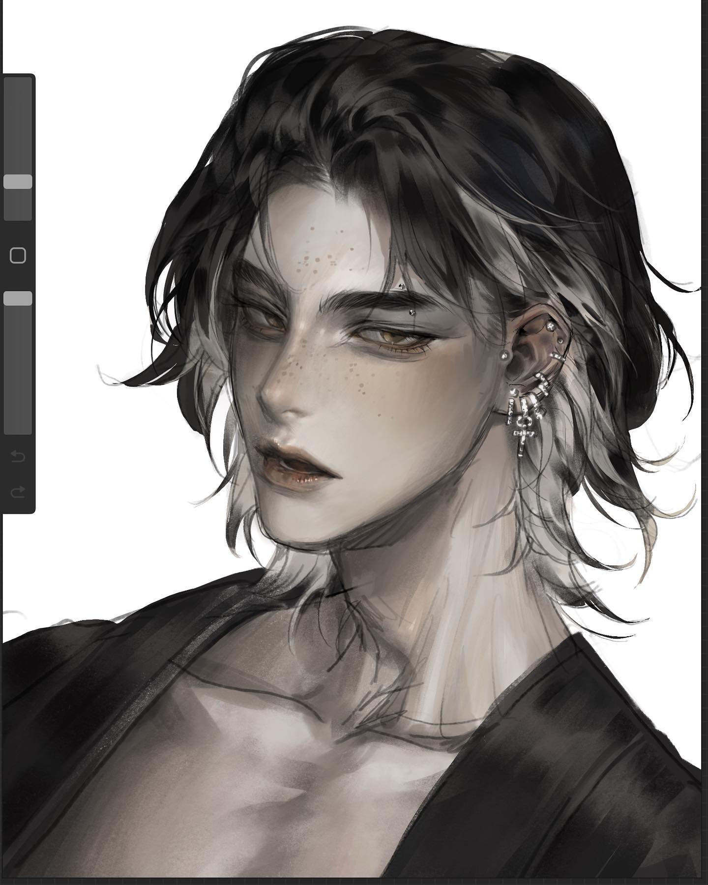 the image is a digital painting of a young man with long black hair streaked with white. he has freckles across his nose and cheeks, and his lips are slightly parted. he is wearing multiple earrings in his left ear and a black shirt. the lighting is soft, and the overall tone of the image is muted. the man is looking directly at the viewer.