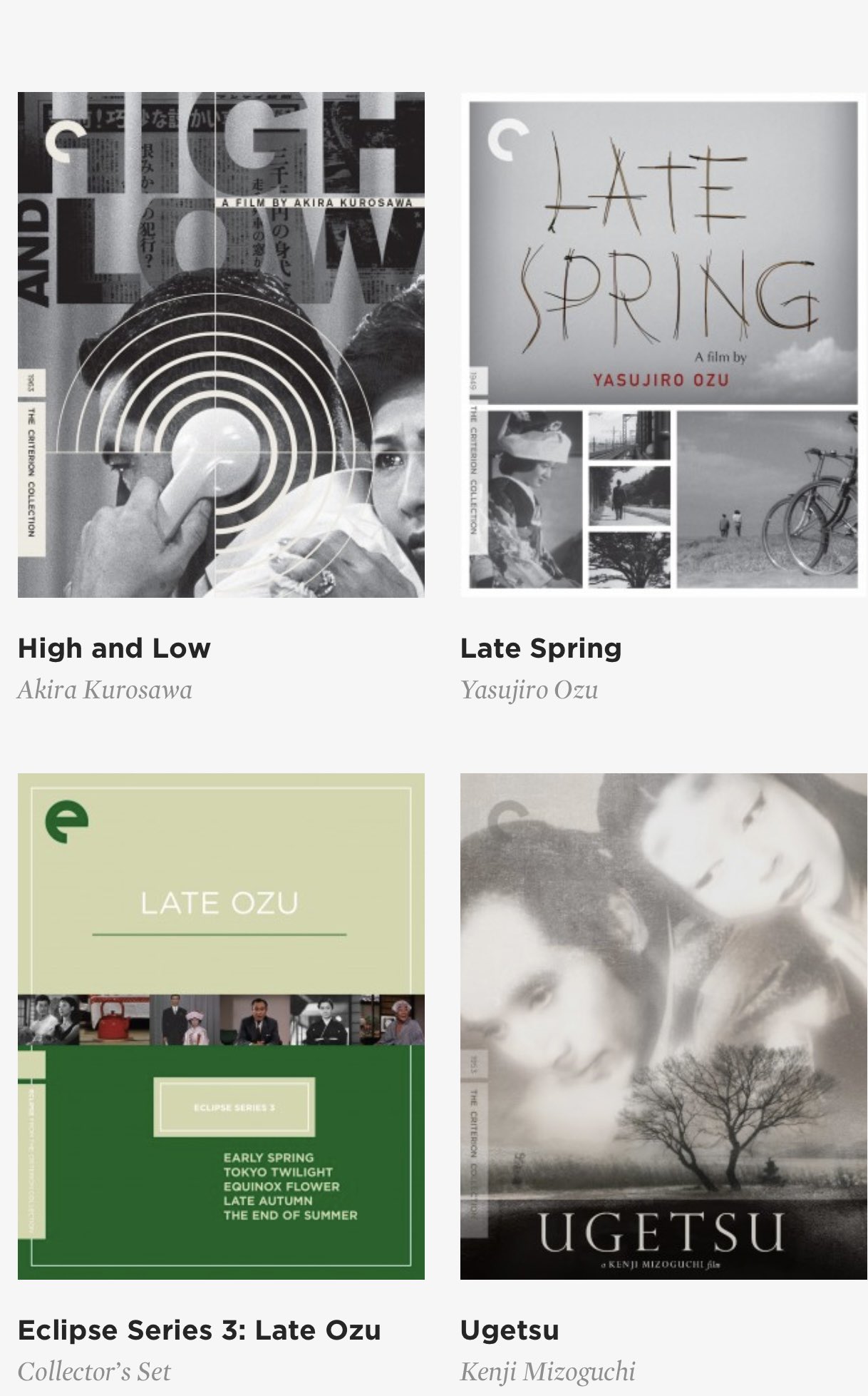 four movie posters, for the films high and low, late spring, eclipse series 3: late ozu, and ugetsu. each poster also lists the director of the film.
