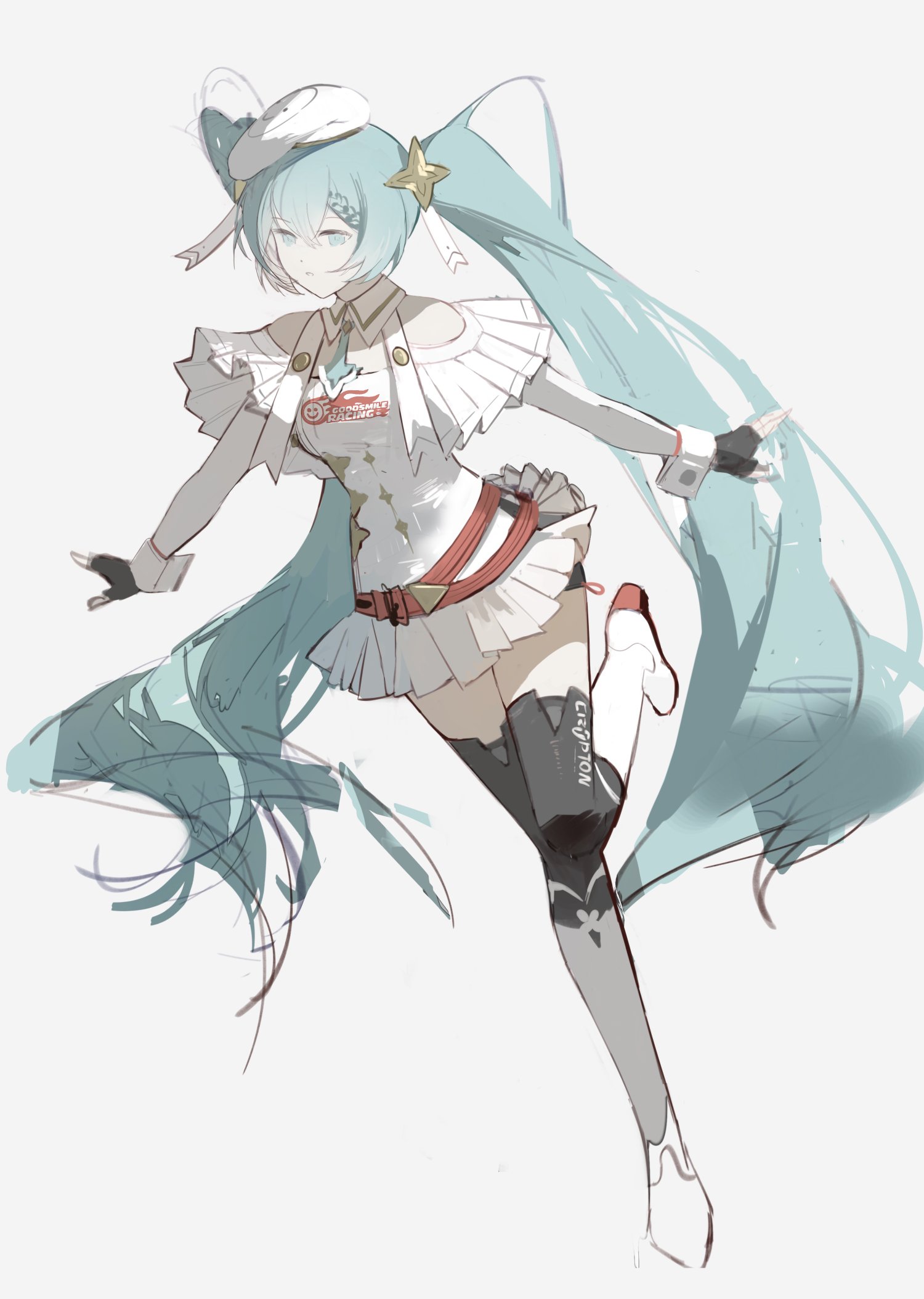 the image is a digital drawing or illustration of hatsune miku, a popular virtual singer.  she's depicted in a dynamic pose, seemingly leaping or midair, with her long teal twintails flowing behind her.  miku is wearing a white outfit with red and gold accents, featuring a stylized top, a short skirt, and long boots. her expression is serene or slightly closedeyed. the style is animeinfluenced, with a focus on linework and soft shading, giving it an airy, light feeling. the background is plain white, drawing attention to the character.  the overall impression is one of energy, grace, and cuteness.