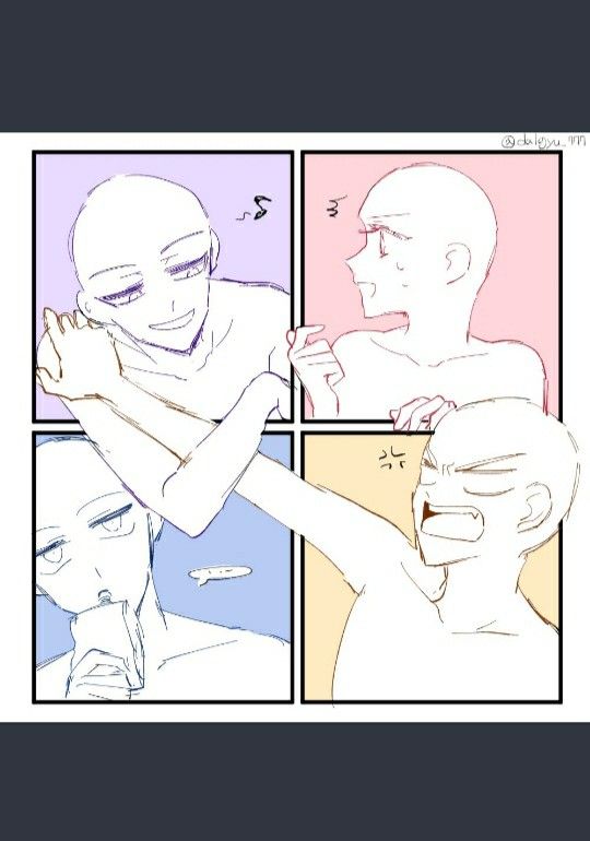 this image shows a mangastyle drawing base with four panels showing different poses and expressions. the drawing bases are blank, offering a template for aspiring artists to practice their skills. the poses range from casual to dramatic, providing inspiration for various character interactions and storylines. the blank faces and expressions invite creativity, allowing artists to personalize the characters and bring their stories to life. the image serves as a helpful tool for those looking to improve their drawing skills, particularly in the genre of manga and anime.