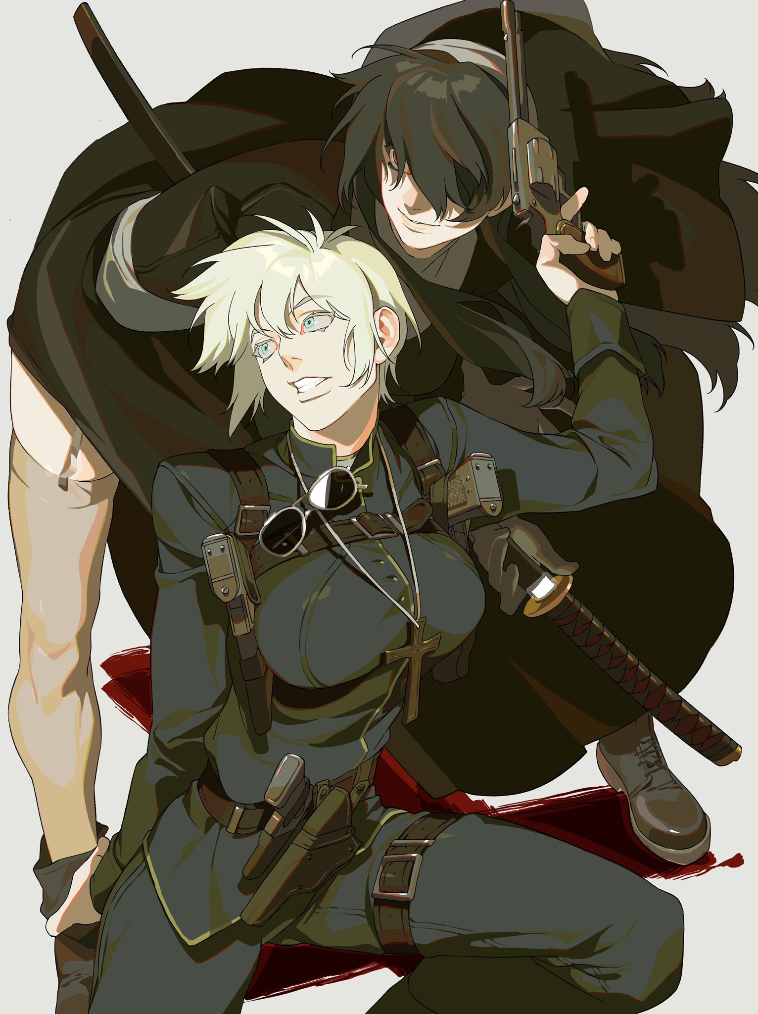 anime fan art of the characters roberta and eda from the anime black lagoon. roberta is in the back, with dark hair and a black cloak, and a pistol in her hand. eda is in the front with short blonde hair, and several pistols and a sword. she is wearing a cross necklace, and sunglasses.