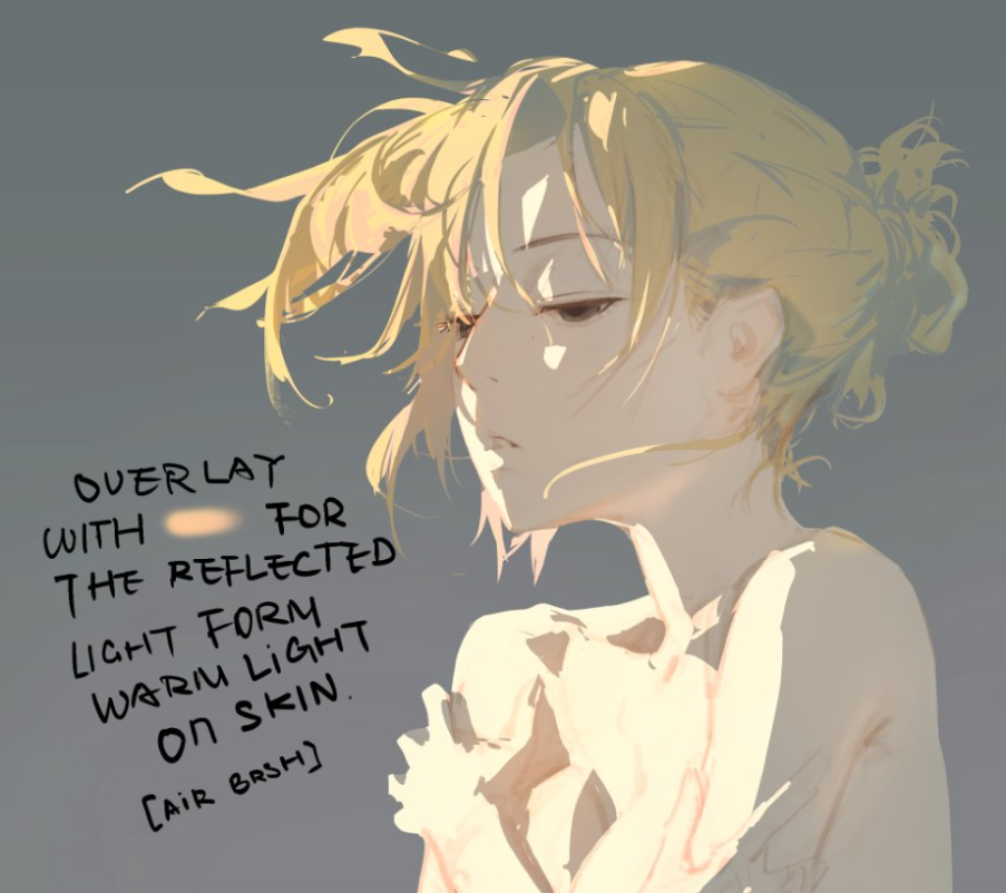 a digital illustration of a female anime character with blonde hair tied up with a hair tie. the character has a sad expression and her skin is lit with warm, reflected light. the image includes a tutorial on how to use overlay and airbrush to achieve the warm light effect on the skin.